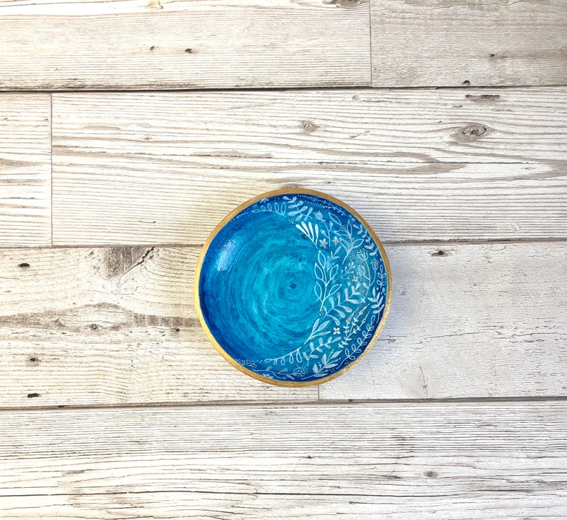 Blue and gold floral ring bowl. Large trinket dish. Blue ring holder. House warming gift for her. Best friend birthday gift. Desk tidy. image 2