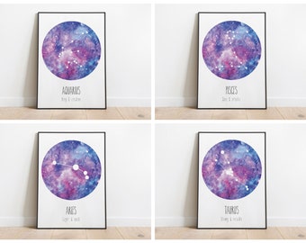 A5 star sign zodiac prints. Galaxy star costenstleation A5 print. Horoscope traits wall decor birthday gift. January birthday gift.