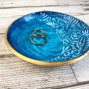 Blue and gold floral ring bowl. Large trinket dish. Blue ring holder. House warming gift for her. Best friend birthday gift. Desk tidy. image 6