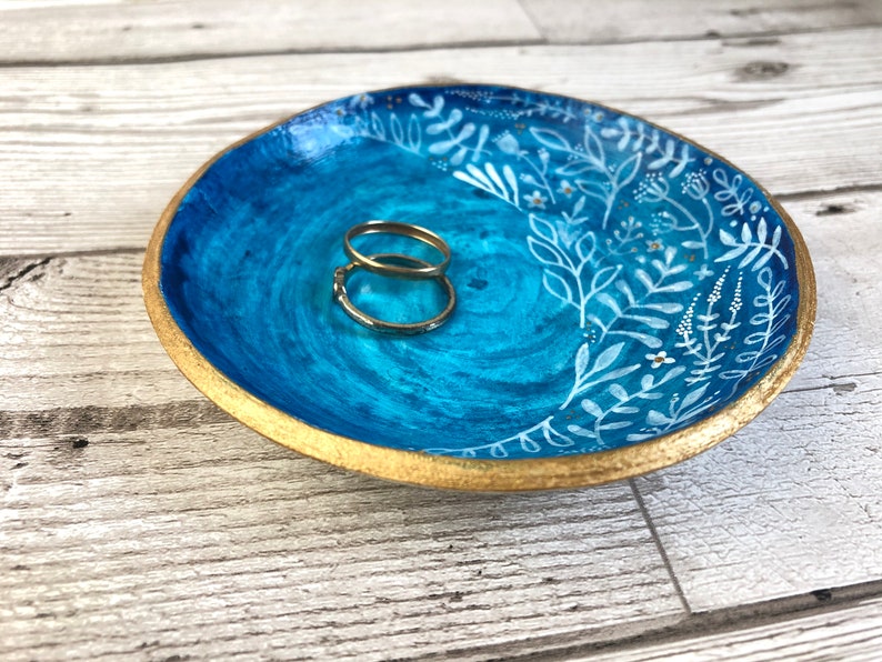 Blue and gold floral ring bowl. Large trinket dish. Blue ring holder. House warming gift for her. Best friend birthday gift. Desk tidy. image 6