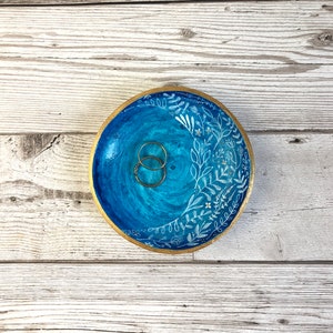 Blue and gold floral ring bowl. Large trinket dish. Blue ring holder. House warming gift for her. Best friend birthday gift. Desk tidy. image 5