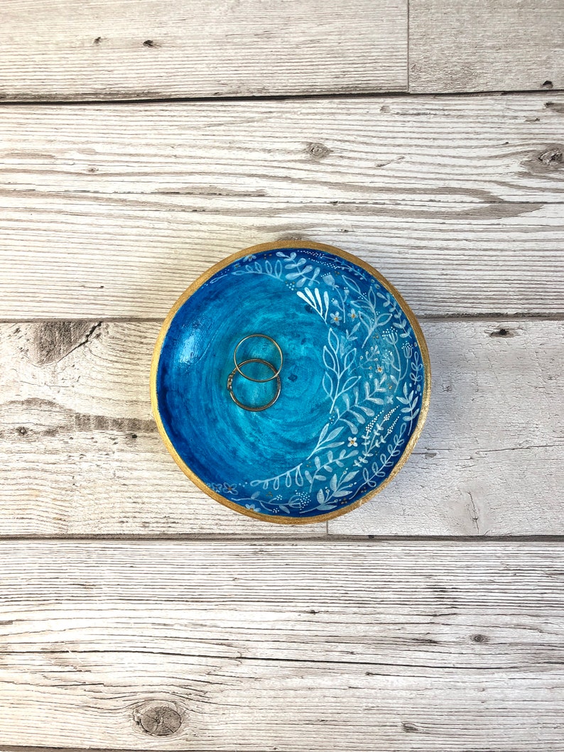 Blue and gold floral ring bowl. Large trinket dish. Blue ring holder. House warming gift for her. Best friend birthday gift. Desk tidy. image 5
