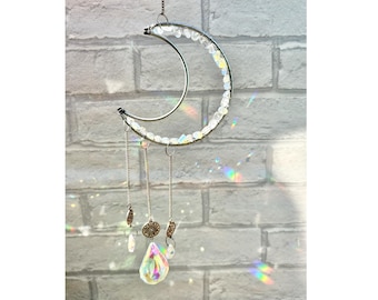 Opalite moon crystal sun catcher. Crystals for positivity and protection. Beaded sun catcher gift. New home gift. Sparkly decor.