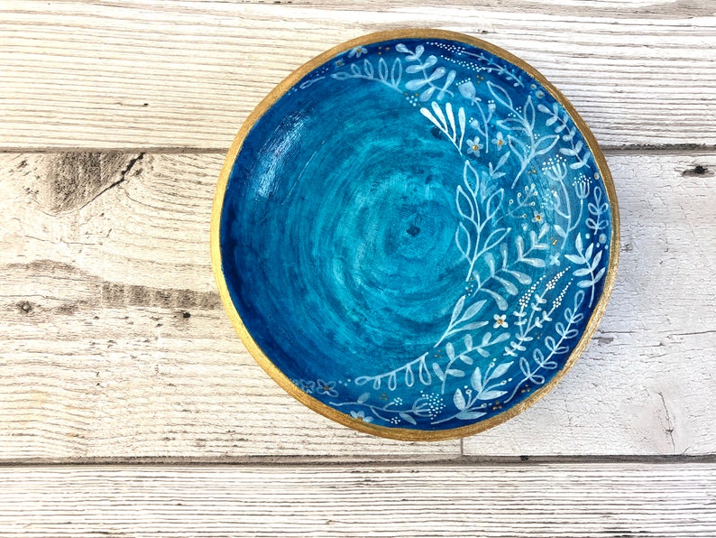 Blue and gold floral ring bowl. Large trinket dish. Blue ring holder. House warming gift for her. Best friend birthday gift. Desk tidy. image 1