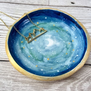 Crescent moon trinket dish. Gold celestial ring holder. Galaxy jewellery tray. Ring organiser. Accessory stand. Sky blue ring dish.