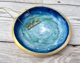 Crescent moon trinket dish. Gold celestial ring holder. Galaxy jewellery tray. Ring organiser. Accessory stand. Sky blue ring dish.