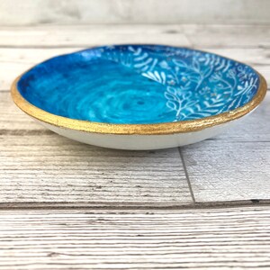 Blue and gold floral ring bowl. Large trinket dish. Blue ring holder. House warming gift for her. Best friend birthday gift. Desk tidy. image 3