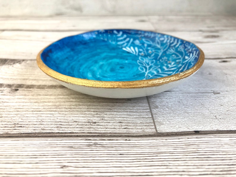 Blue and gold floral ring bowl. Large trinket dish. Blue ring holder. House warming gift for her. Best friend birthday gift. Desk tidy. image 3