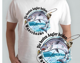 Angler T-Shirt mit Wunschnamen Forelle und Angelrute Geschenk für Fischer Haken