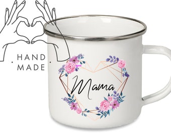 white enamel cup with heart, flowers andwish names personalized gift coffee tea mug camping cup camping cup teacup