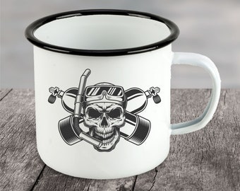 Taucher Emaille Tasse Becher Kaffeetasse Geschenkidee für Taucher diving tauchen Tauchermaske Taucherbrille Skull