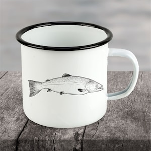 Fishing Fisherman Enamel Mug Coffee Cup Gift Idea for Anglers with a Trout as a Motif