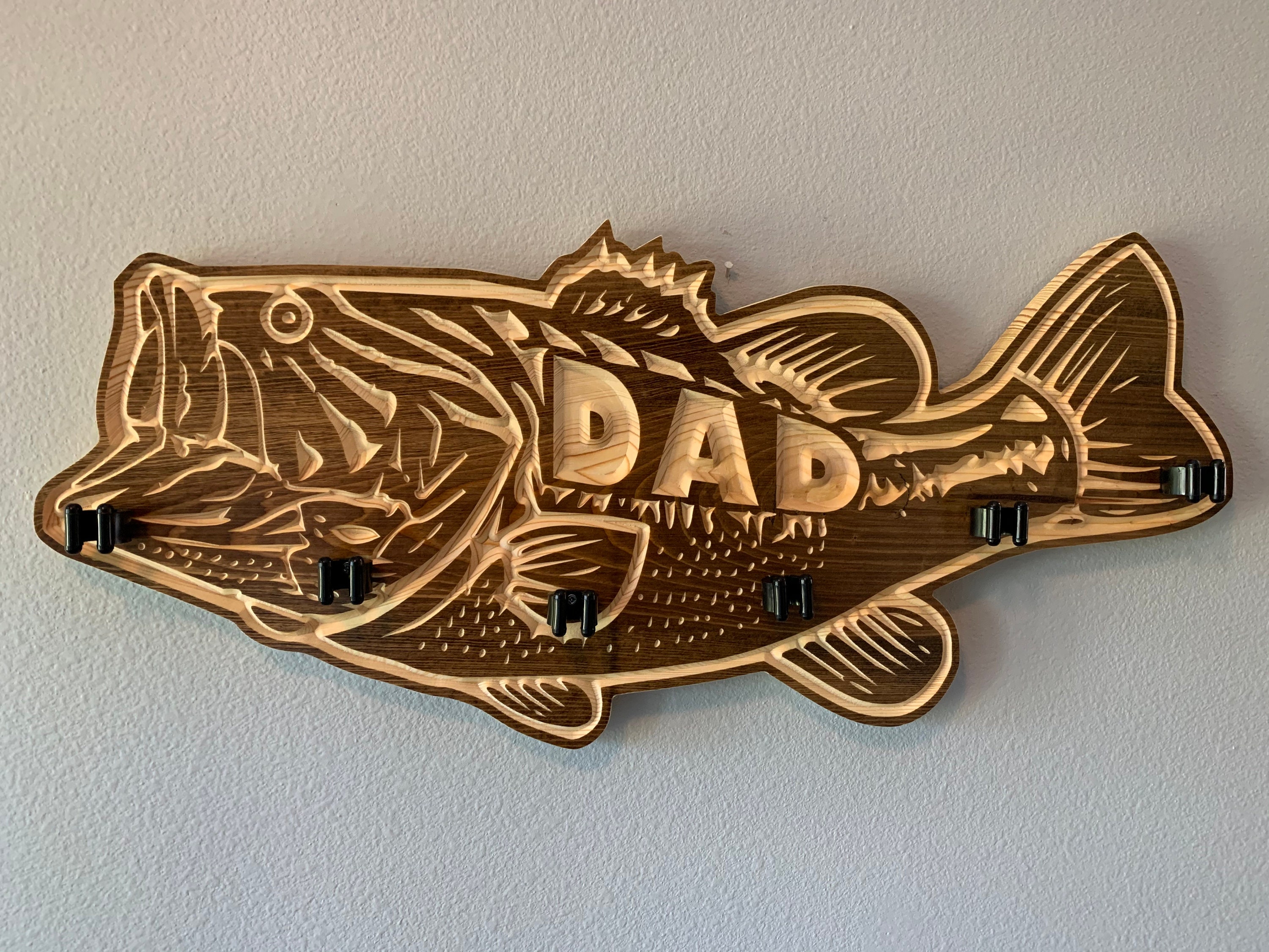 Personalized Solid Wood Large Mouth Bass Fishing Rod Holder 