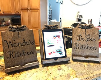 Wooden Kitchen Ipad and Cookbook Holder customizable with dragonfly