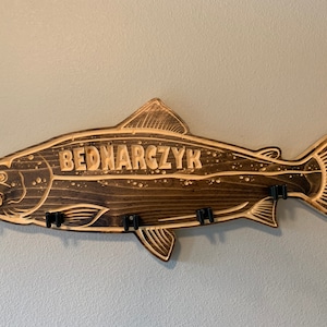 Personalized solid wood Atlantic Salmon fishing rod holder