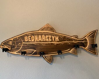 Personalized solid wood Atlantic Salmon fishing rod holder
