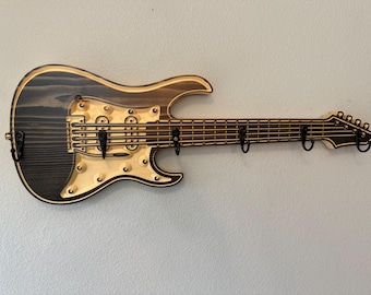 Bass Guitar Shaped hat and cap display rack - 6 hooks - Black Stain