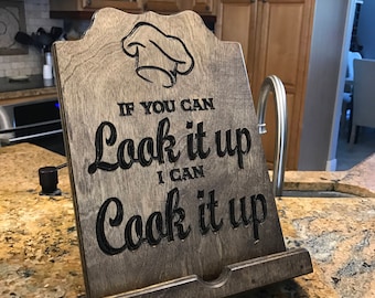 Wooden Cookbook/iPad Stand with Carved Slogan