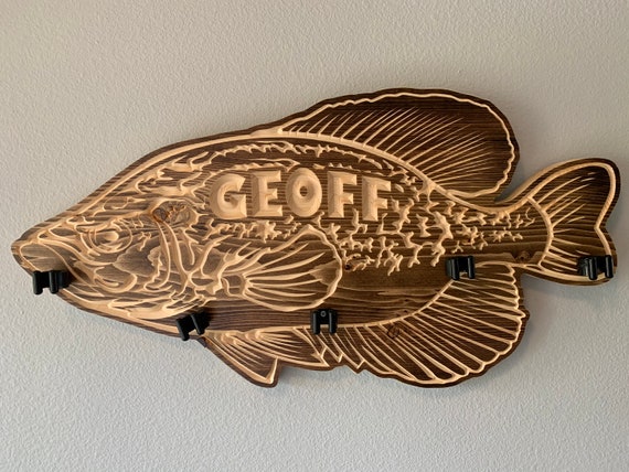 Personalized Solid Wood Crappie Fish Shaped Sign Fishing Rod