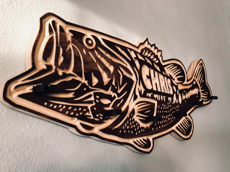 Personalized solid wood large mouth bass fishing rod holder Etsy