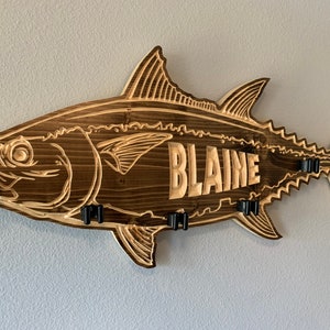 Personalized solid wood Tuna fishing rod holder