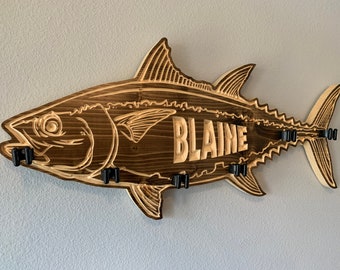 Personalized solid wood Tuna design fishing rod holder