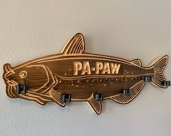 Personalized solid wood Catfish fishing rod holder