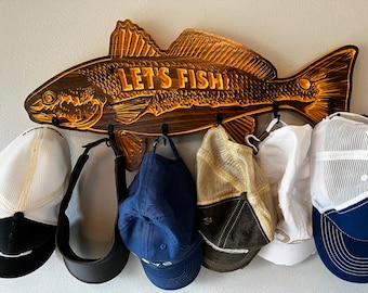 Personalized Redfish Hat Rack – Solid Wood Cap Display with Hooks