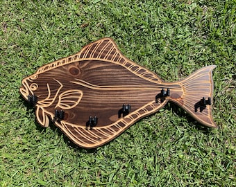Personalized Solid wood Halibut fishing rod holder