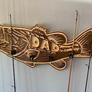 Personalized solid wood large mouth bass fishing rod holder