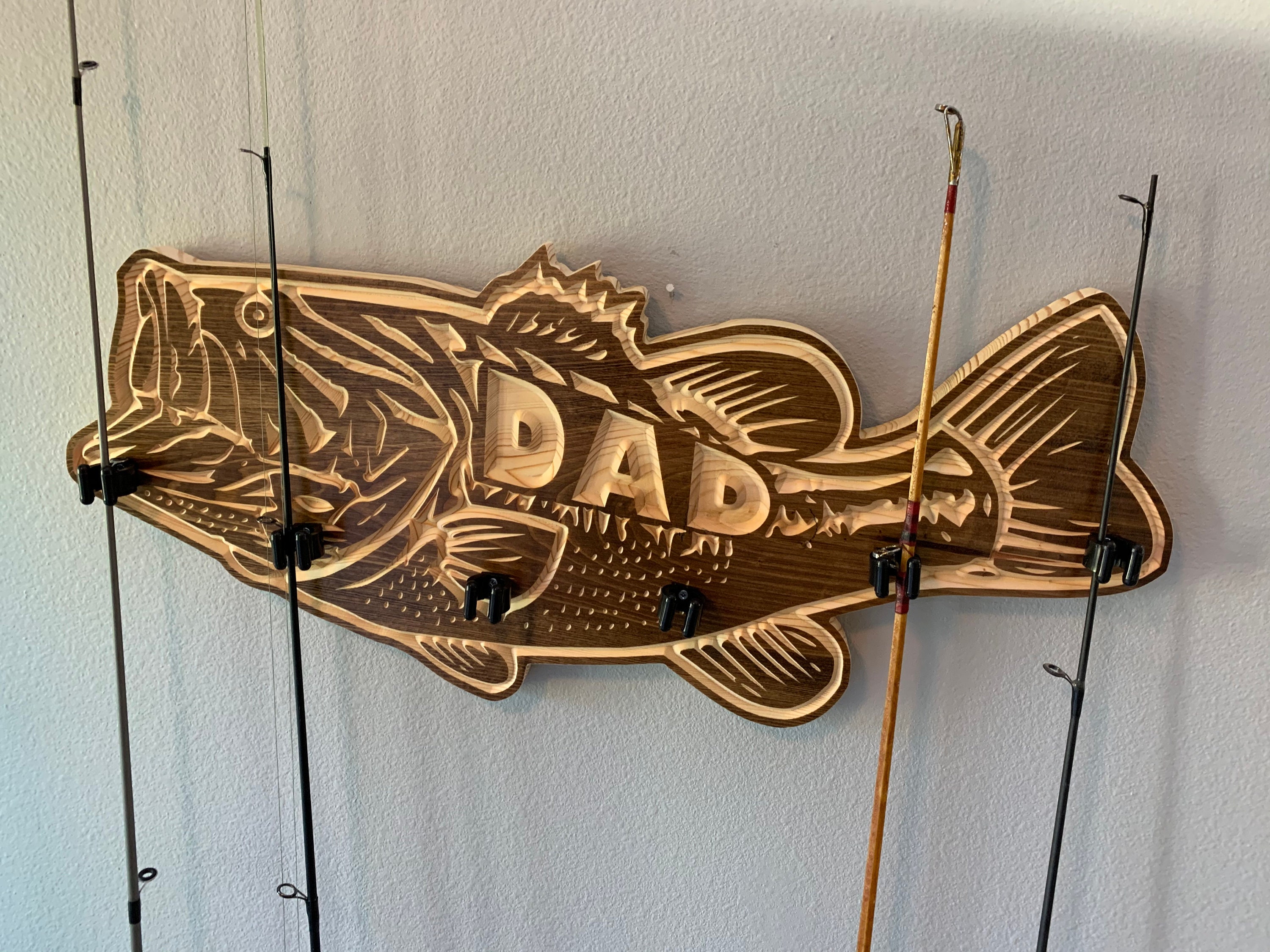 Vintage Fishing Pole Holder Rod Handmade Wood Fish Shape Christmas Gift  MANCAVE
