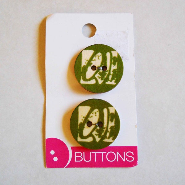 Love Buttons  Green and Yellow Wooden 1 Inch Set of Two  Hippie Buttons