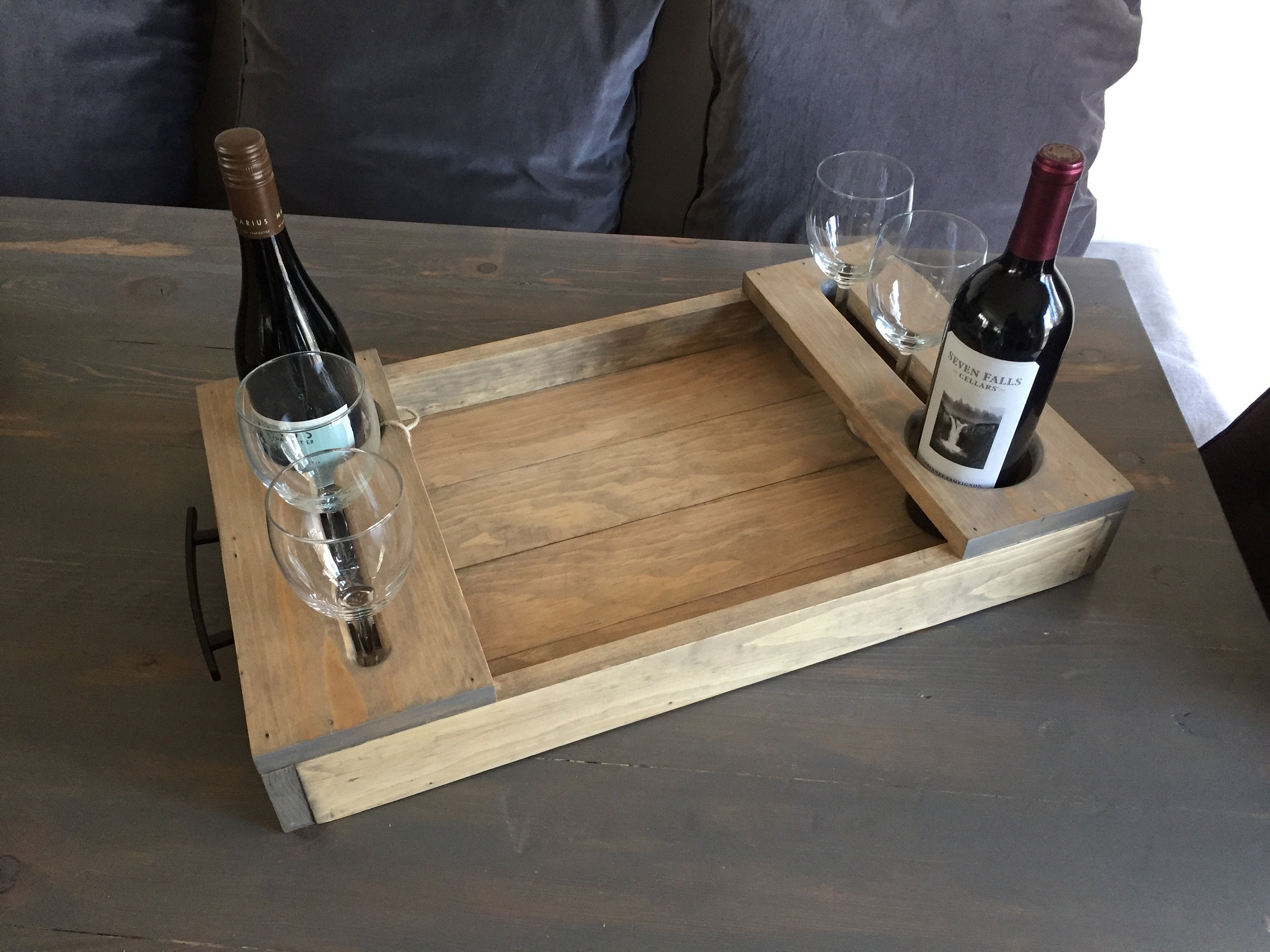 Rustic Serving Tray with Wine Glass and Bottle Holder Etsy