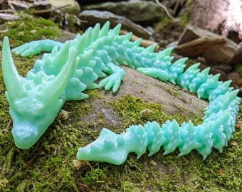 Flexible Articulated Dragon – 20" -  Green Blue Translucent – 3D Printed Flexi Dragon Fidget Toy