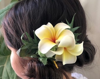 Yellow Floral Plumeria, Maile Leaf and tropical accents Hair Clip. Hawaiian Floral Accessory.