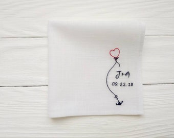 Beach wedding gift, Wedding handkerchief, Embroidered handkerchief, Gift for sailors, Husband gift, Destination wedding gift ideas, Anchor