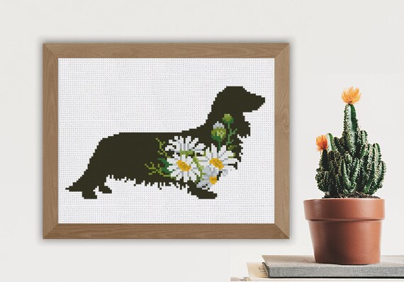 Cross Stitch Pattern Long Haired Dachshund With Camomiles Etsy