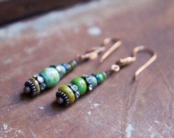 Boho chic earrings, rhinestones and Boho glass beads