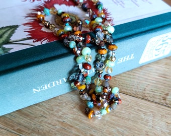 Czech glass bead necklace, boho long necklace "Autumn leaves"