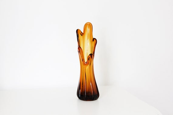 Vintage Amber Glass Vase Flower Decorative Mid Century Funky Etsy