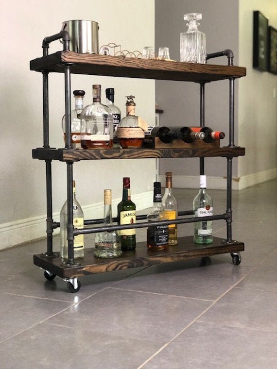 Benjara Industrial Style Ash Wood Mobile Serving Bar Cart Black and Brown