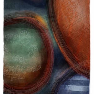 May include: Abstract painting with overlapping circles in shades of brown, orange, blue, and green. The circles are outlined with thin, white lines and have a textured, watercolor-like appearance.