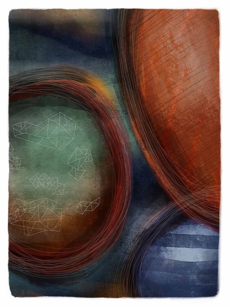 May include: Abstract painting with overlapping circles in shades of brown, orange, blue, and green. The circles are outlined with thin, white lines and have a textured, watercolor-like appearance.