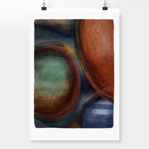 May include: Abstract painting with overlapping circles in shades of blue, green, brown, and orange. The circles have a textured, watercolor-like appearance.