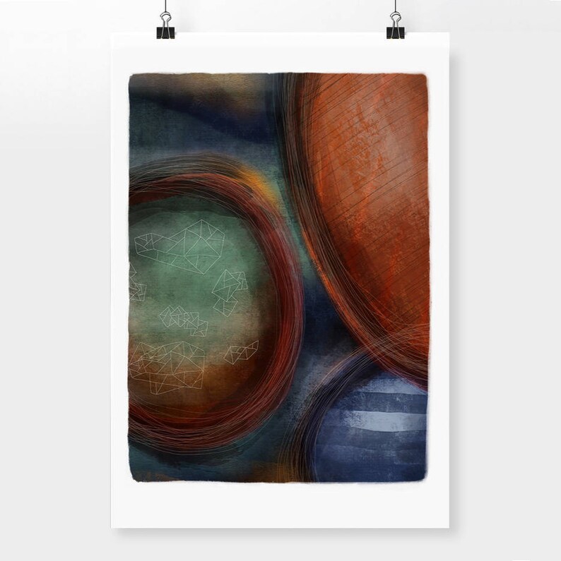 May include: Abstract painting with overlapping circles in shades of blue, green, brown, and orange. The circles have a textured, watercolor-like appearance.