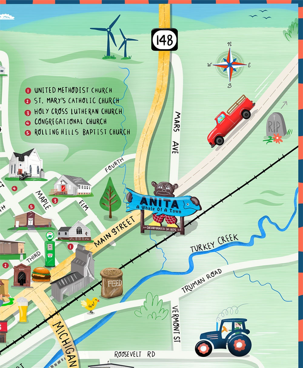Illustrated Map of Anita, Iowa by Kraus Etsy