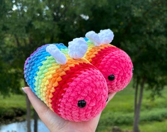 Crochet Rainbow Bee Plushie | Handmade Stuffed Animal Pride Toy