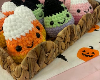 Candy Corn Crochet Plushie | Fuzzy Handmade Halloween Themed Stuffed Toy