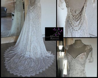 Wedding dress, vintage lace, Corsican lace, old, fully beaded, Bohemia, glass, crystal, pearly, seed beads, silver, M, EVE