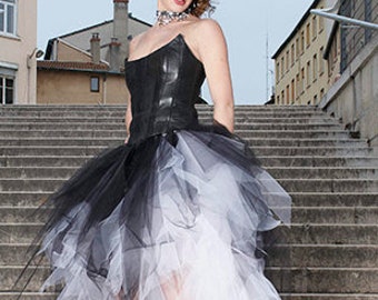 Wedding dress, leather dress, custom made, leather bustier, tulle skirt, short front, long back, black and white, punk, ROCK N' LOVE